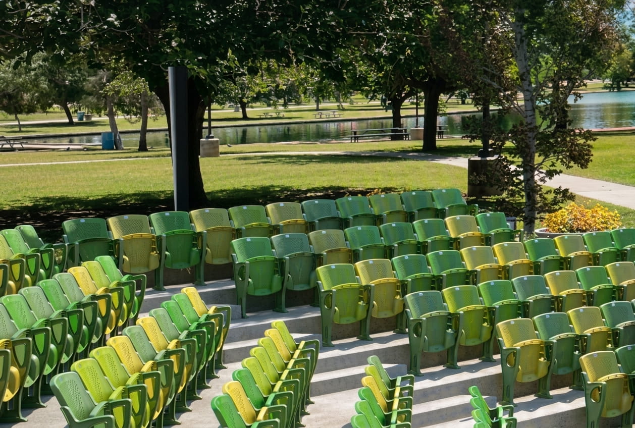 Rows of purple auditorium seats seen from above
